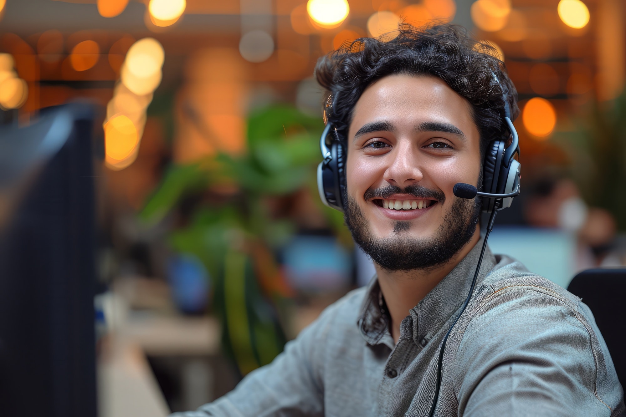 Support agent smiling while wearing a headset