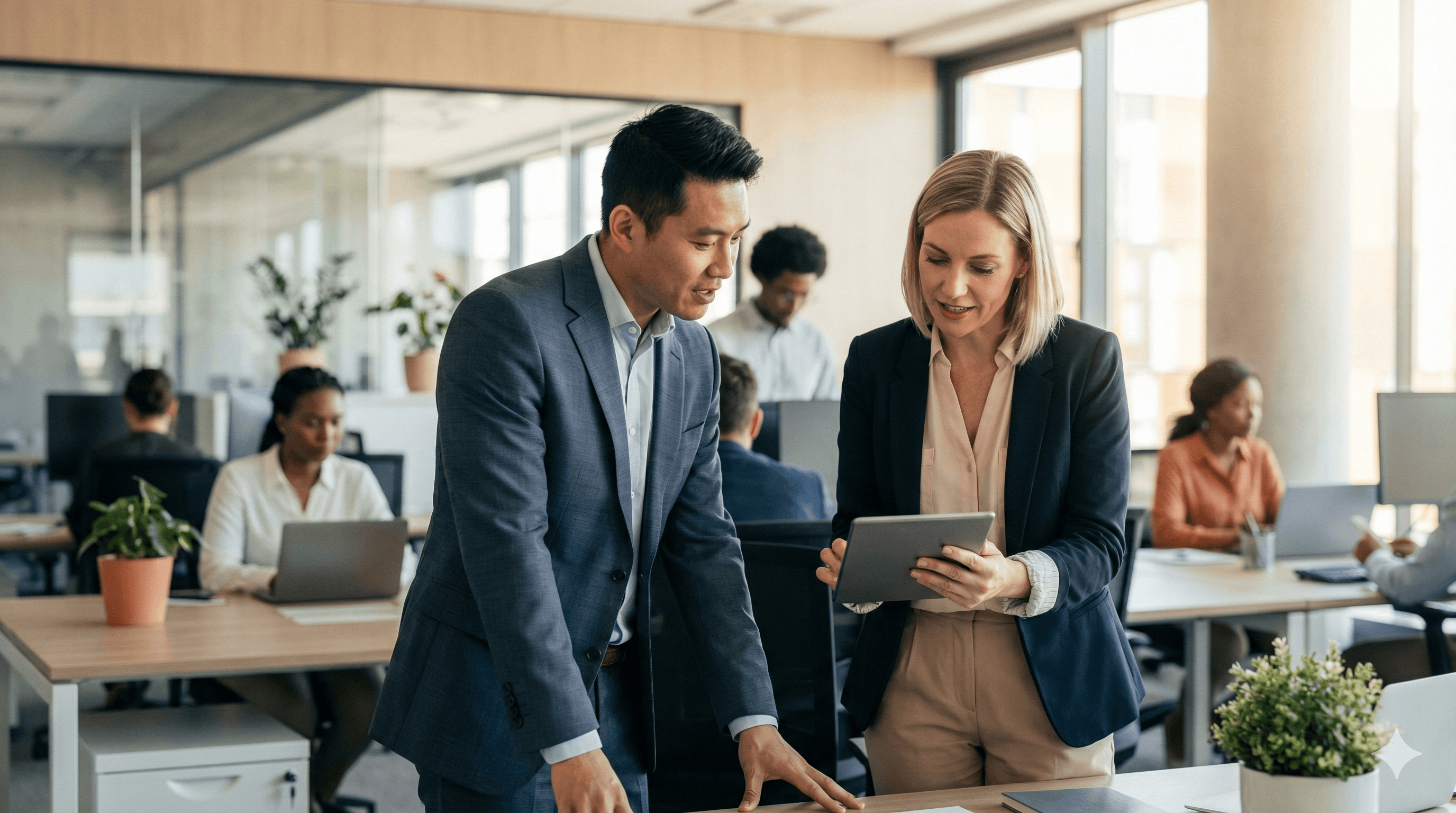 Professional office environment with people collaborating